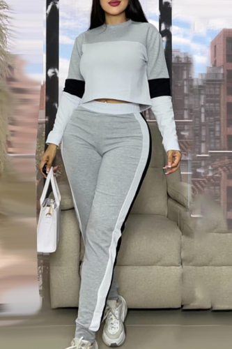 Casual Contrast O Neck Long Sleeve Two Pieces