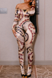 Sexy Print Patchwork Off Shoulder Skinny Jumpsuits