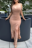 Sexy Solid Color Ruffle Slit Spaghetti Strap Wrapped Skirt Dresses