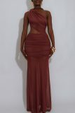 Sexy Solid Color See-Through Mesh Oblique Collar Long Dresses