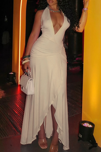 Elegant Solid Color Ruched Deep V Neck Irregular Dresses
