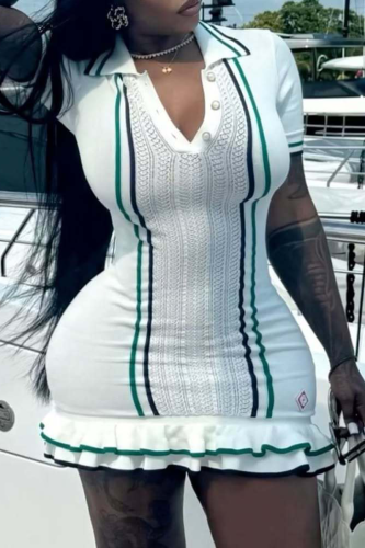 Sexy Stripe Buttons Contrast Turndown Collar Wrapped Skirt Dresses