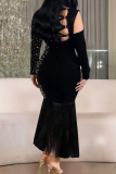 Sexy Solid Color Fringed Trim Hot Drill Square Neck Long Dresses