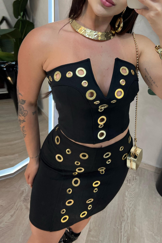 Sexy Solid Color Patchwork Strapless Sleeveless Two Pieces