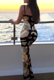 Sexy Print Patchwork Spaghetti Strap Long Dresses