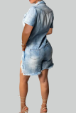 Casual Solid Color Fringed Trim Buckle Turndown Collar Short Sleeve Regular Denim Jumpsuits