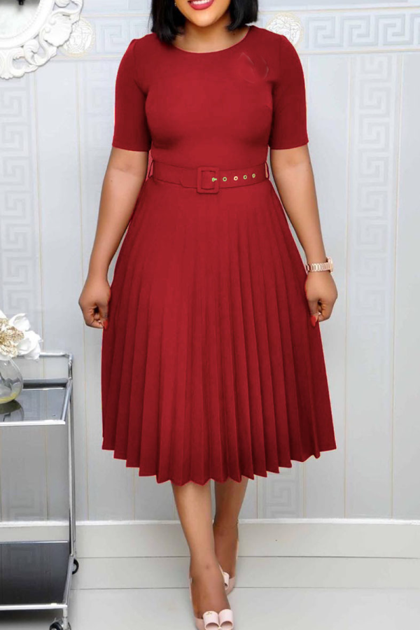 Burgundy Casual Solid Patchwork Tear With Belt O Neck A Line Dresses