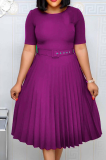 Burgundy Casual Solid Patchwork Tear With Belt O Neck A Line Dresses