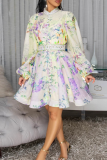 Casual Print Buckle With Belt O Neck Printed Dresses