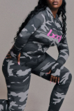 Casual Leopard Print Zipper Hooded Long Sleeve Two Pieces