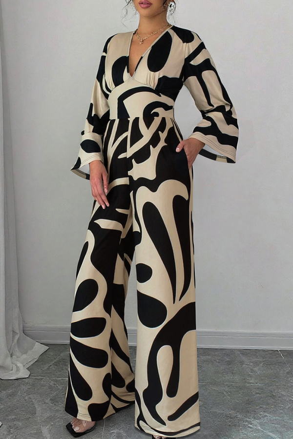 Casual Print Patchwork V Neck Loose Jumpsuits