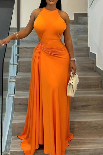 Elegant Solid Color Ruched O Neck Long Dresses