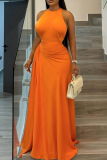 Elegant Solid Color Ruched O Neck Long Dresses