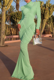 Elegant Solid Color Backless Ruched Turtleneck Long Dresses