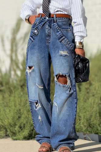 Casual Solid Color Ripped Mid Waist Loose Denim Jeans