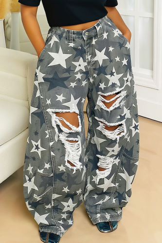 Casual The stars Ripped Mid Waist Loose Denim Jeans
