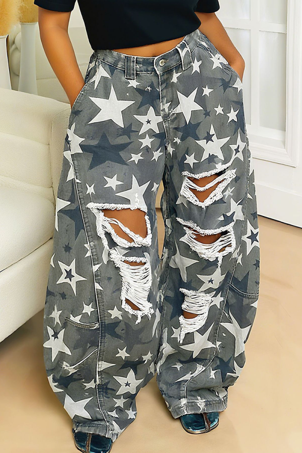 Casual The stars Ripped Mid Waist Loose Denim Jeans