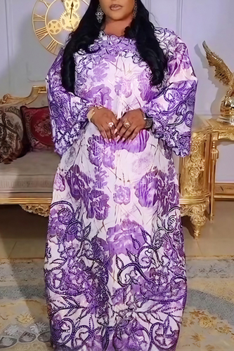 Casual Flowers Contrast O Neck Long Plus Size Dresses