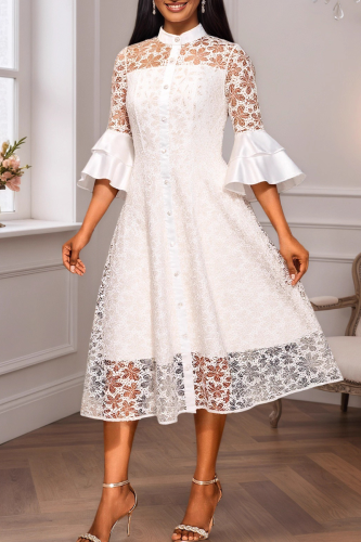Elegant Solid Color Buckle O Neck Long Dresses