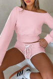 Casual Solid Color Draw String Oblique Collar Long Sleeve Two Pieces