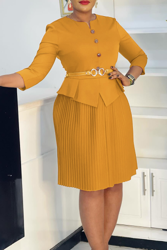 Elegant Solid Color With Belt Pleated O Neck Long Dresses