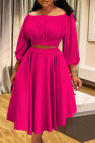 Elegant Solid Color Ruched Off Shoulder Plus Size Two Pieces