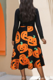 Elegant Pumpkin Bow Decor Contrast O Neck Long Dresses