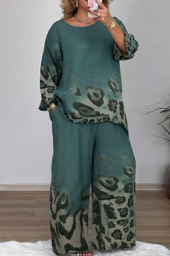 Casual Print Patchwork O Neck Plus Size Two Pieces