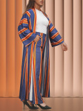 Casual Stripe Patchwork Cardigan Collar Long Sleeve Two Pieces