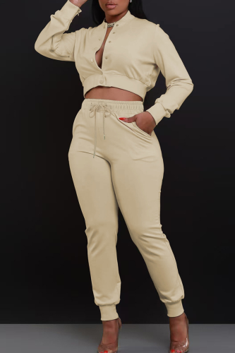 Casual Solid Color Buckle O Neck Long Sleeve Two Pieces