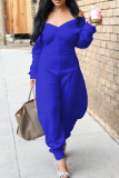 Casual Solid Color Patchwork V Neck Regular Jumpsuits