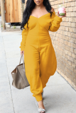 Casual Solid Color Patchwork V Neck Regular Jumpsuits