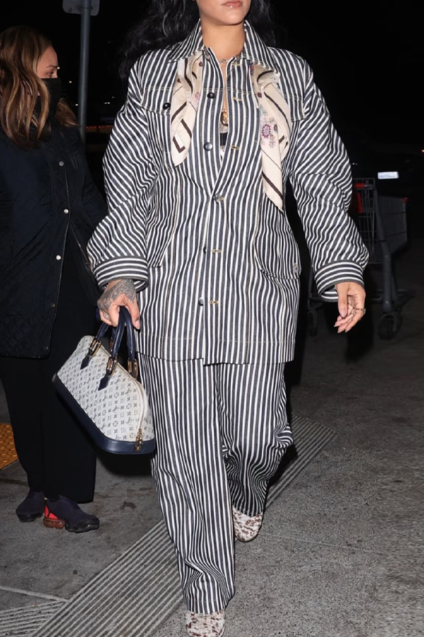 Casual Stripe Buckle Turndown Collar Long Sleeve Two Pieces