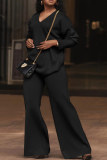 Casual Solid Color Patchwork V Neck Long Sleeve Two Pieces