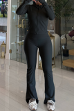 Casual Solid Color Zipper Hooded Long Sleeve Two Pieces