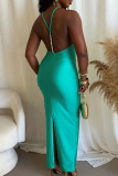 Sexy Solid Color Slit Pearls Decor Halter Long Dresses