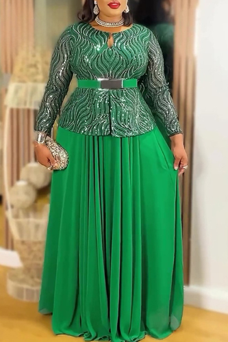 Elegant Solid Color Sequins With Belt O Neck Long Plus Size Dresses