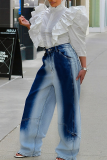 Casual Contrast Mid Waist Loose Denim Jeans