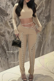 Sexy Solid Color Cross Straps O Neck Long Sleeve Two Pieces