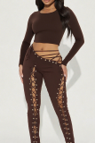 Sexy Solid Color Cross Straps O Neck Long Sleeve Two Pieces
