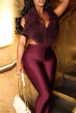 Sexy Solid Color Backless Fluffy Deep V Neck Sleeveless Two Pieces