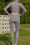 Casual Leopard Print Zipper Turndown Collar Long Sleeve Two Pieces