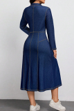 Casual Solid Color Buckle Turndown Collar Long Sleeve Boot Cut Denim Dresses