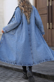 Casual Solid Color Buckle Turndown Collar Long Sleeve Denim Jacket