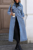 Casual Solid Color Buckle Turndown Collar Long Sleeve Denim Jacket