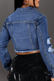 Casual Solid Color Ripped Buckle Turndown Collar Long Sleeve Regular Denim Jacket