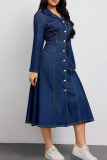 Casual Solid Color Buckle Turndown Collar Long Sleeve Boot Cut Denim Dresses
