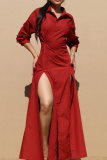Casual Solid Color High Slit Turndown Collar Long Dresses