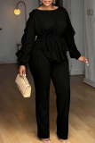 Casual Solid Color Draw String O Neck Long Sleeve Two Pieces