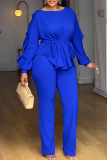 Casual Solid Color Draw String O Neck Long Sleeve Two Pieces